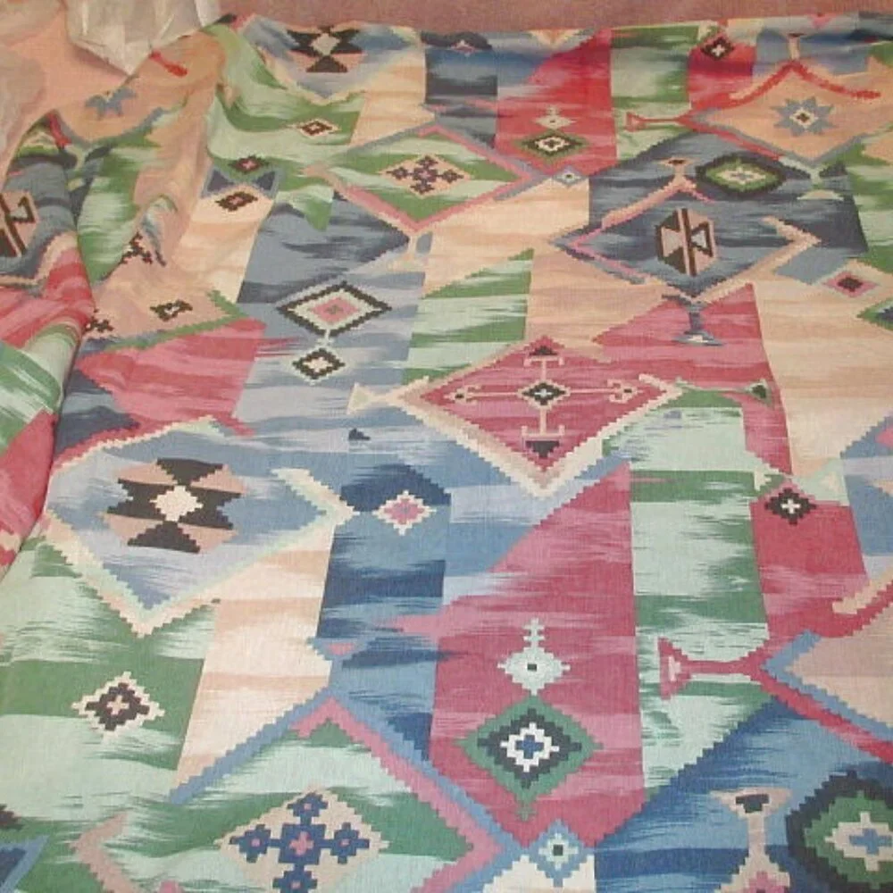 Vtg Southwestern Patchwork Fabric Tablecloth Oval 59